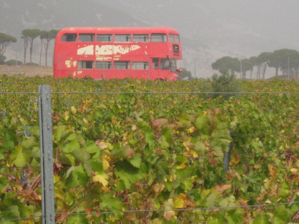 a double decker bus with chipping red paint