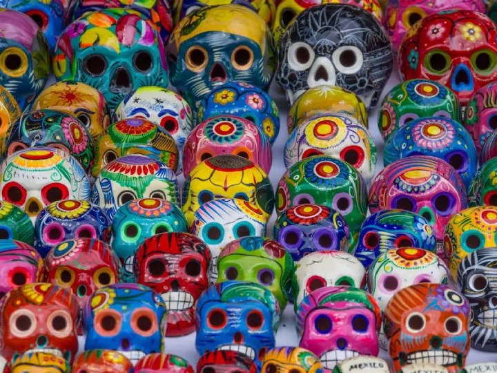 Colorful cultural skull items